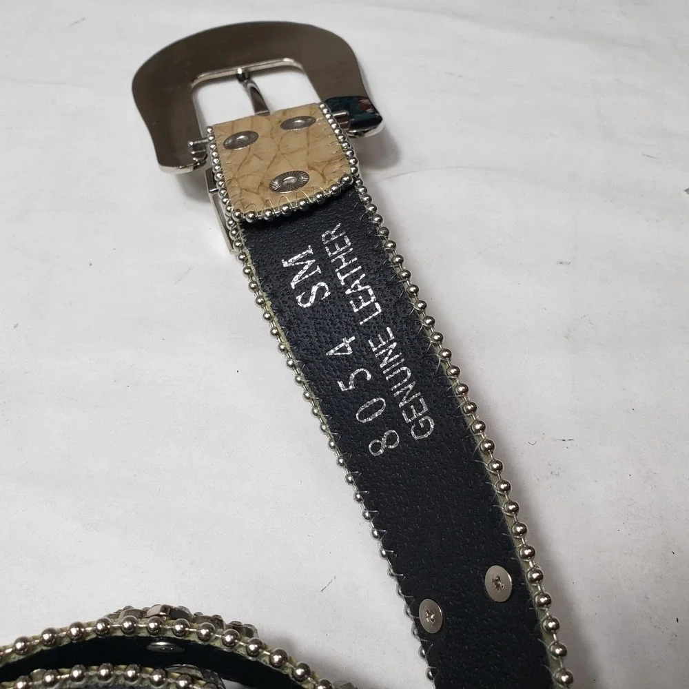 Genuine Leather Bling Western Belt Snakeskin Rhinestones Size Small Fleur-de-lis